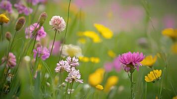 A field of wildflowers with pink and yellow flowers photo