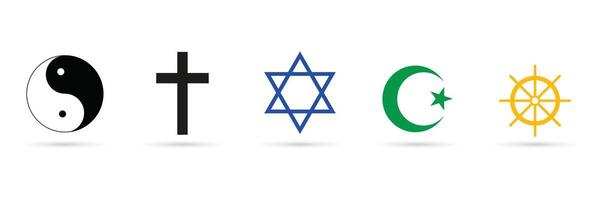 Religious Symbols of Major Faiths. Flat icons representing the Yin and Yang, Christian Cross, Star of David, Crescent Moon and Star and Dharma Chakra. vector