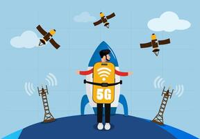 Businessman is launching a 5G network with his rocket. 5G mobile network, 5G wireless, internet speed, download speed. 5G network technology for global use. vector