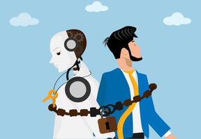 Artificial intelligence controlling businessman in digital chains depicting AI dominance and technology dependence in the modern world. vector
