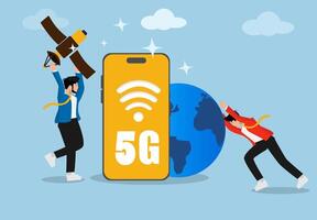 5G network technology, two young business people brought a satellite and pushed the eart, in order to boost the 5G network, changing the latest network technology. vector