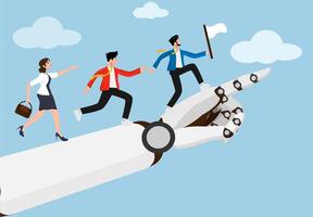 Business leadership guiding teams to success with AI, working together with AI and teams to achieve goals, leaders with flags leading employees with AI pointing hands, career growth, motivation. vector