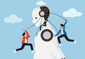 Artificial intelligence controlling humans like puppets. AI as a puppet maters concept in business and technology. vector