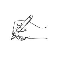 Hand holding pen and writing in one continuous line drawing. Letter and diary concept in simple linear style. School lesson symbol in editable stroke vector