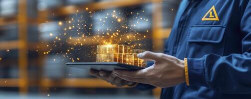 Industrial Worker Using Tablet with Glowing Digital Model photo