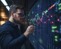 Man Analyzing Data on Interactive Screen photo