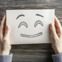 Smiling Face Drawing Held in Hands on Wooden Background photo