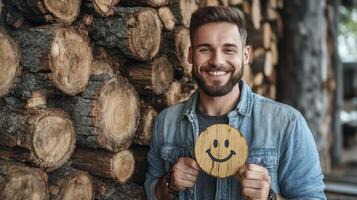 Smiling Man Holding Wooden Smiley Against Log Background photo