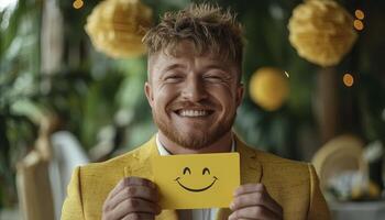 Smiling Man in Yellow Suit Holding Smiley Card photo