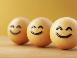 Three Smiling Yellow Spheres on Wood photo