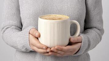 Woman Holding Warm Beverage in Textured Mug photo
