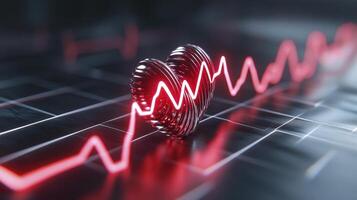 Abstract Metallic Heart with EKG Tracing on Dark Background photo