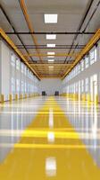 Bright Industrial Warehouse Interior with Yellow Floor Markings photo