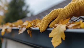 Cleaning Autumn Leaves From House Gutter photo