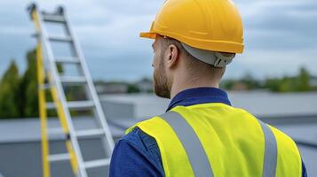 Construction Worker on Rooftop Looking at Ladder photo