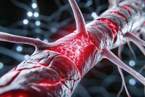 Damaged Neuron With Red Glowing Injury, Microscopic View photo