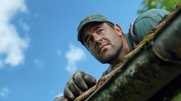 Dirty Man Cleaning Gutters on Roof Against Blue Sky photo