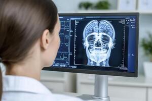 Doctor Reviewing Head Scan on Computer Monitor photo