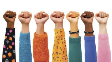 Diverse Arms Raised in Fists, Displaying Unity and Strength photo