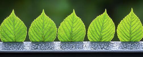 Five Green Leaves on Wet Gray Surface photo