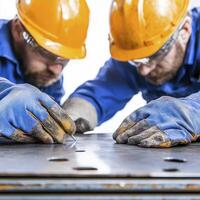 Focused Construction Workers Inspecting Metal Sheet photo