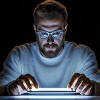 Focused Man Working on Glowing Tablet at Night photo
