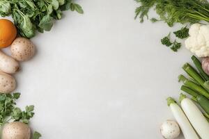 Fresh Vegetables and Fruits on Light Background photo