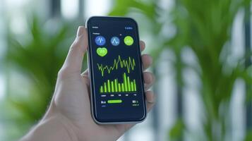 Hand Holding Smartphone Showing Green Data Graphs photo