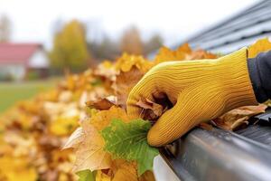 Hand Removing Autumn Leaves from Rain Gutter photo