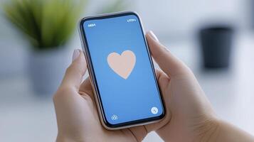 Hands Holding Smartphone with Pixelated Heart on Blue Screen photo
