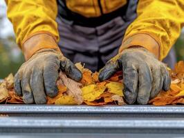 Hands in Work Gloves Gathering Autumn Leaves photo