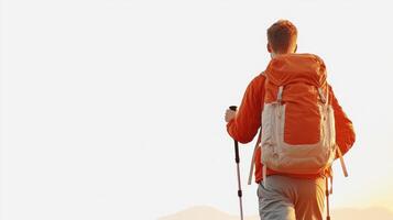 Hiker in Orange Jacket Ascending Mountain at Sunrise photo