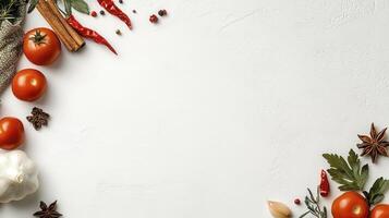 Vibrant Red Tomatoes and Spices on White Background photo