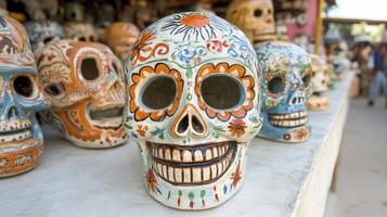 Colorful Ceramic Skulls Day of the Dead Display photo