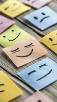 Colorful Sticky Notes with Diverse Smiley Faces on Wood photo