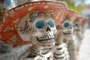 Colorful Sugar Skulls in Sombreros Day of the Dead Display photo