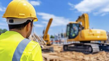 Construction Worker Supervising Heavy Machinery on Sunny Site photo