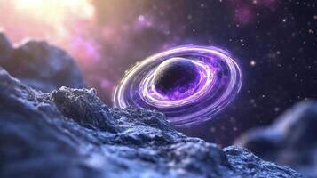 Cosmic Nebula with Purple Energy Rings and Rocky Terrain photo