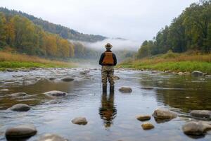 Fly Fisherman in Autumn River Landscape photo