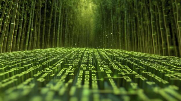 Luminous Green Bamboo Forest Path with Glowing Data Cubes photo