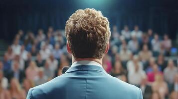 Man in Light Blue Blazer Addressing a Large Audience photo