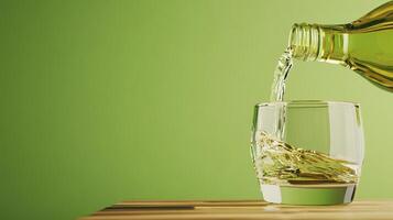 Pouring Yellow Liquid into Glass on Wooden Table photo