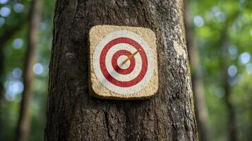 Red and White Target Hit by Arrow on Tree Trunk photo
