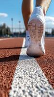 Runner's Feet on Starting Line of Red Track photo