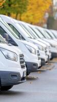 Row of White Cargo Vans Parked Outdoors in Autumn photo