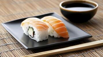 Salmon Sushi on Black Plate with Soy Sauce and Chopsticks photo