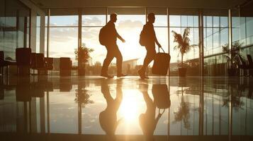 Silhouetted Travelers Walking Towards Sunset in Modern Airport photo