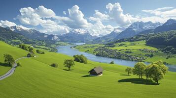 Serene Valley Landscape with River and Cabin photo