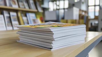 Stack of Colorful Brochures on Wooden Table photo