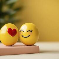 Smiling Yellow Emoticon Spheres with Heart on Pink Surface photo